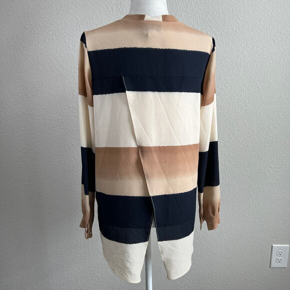Joseph Ribkoff Striped Blouse Women's 6 Navy Blue Beige Hi-Lo Hem Button Down - Picture 3 of 7